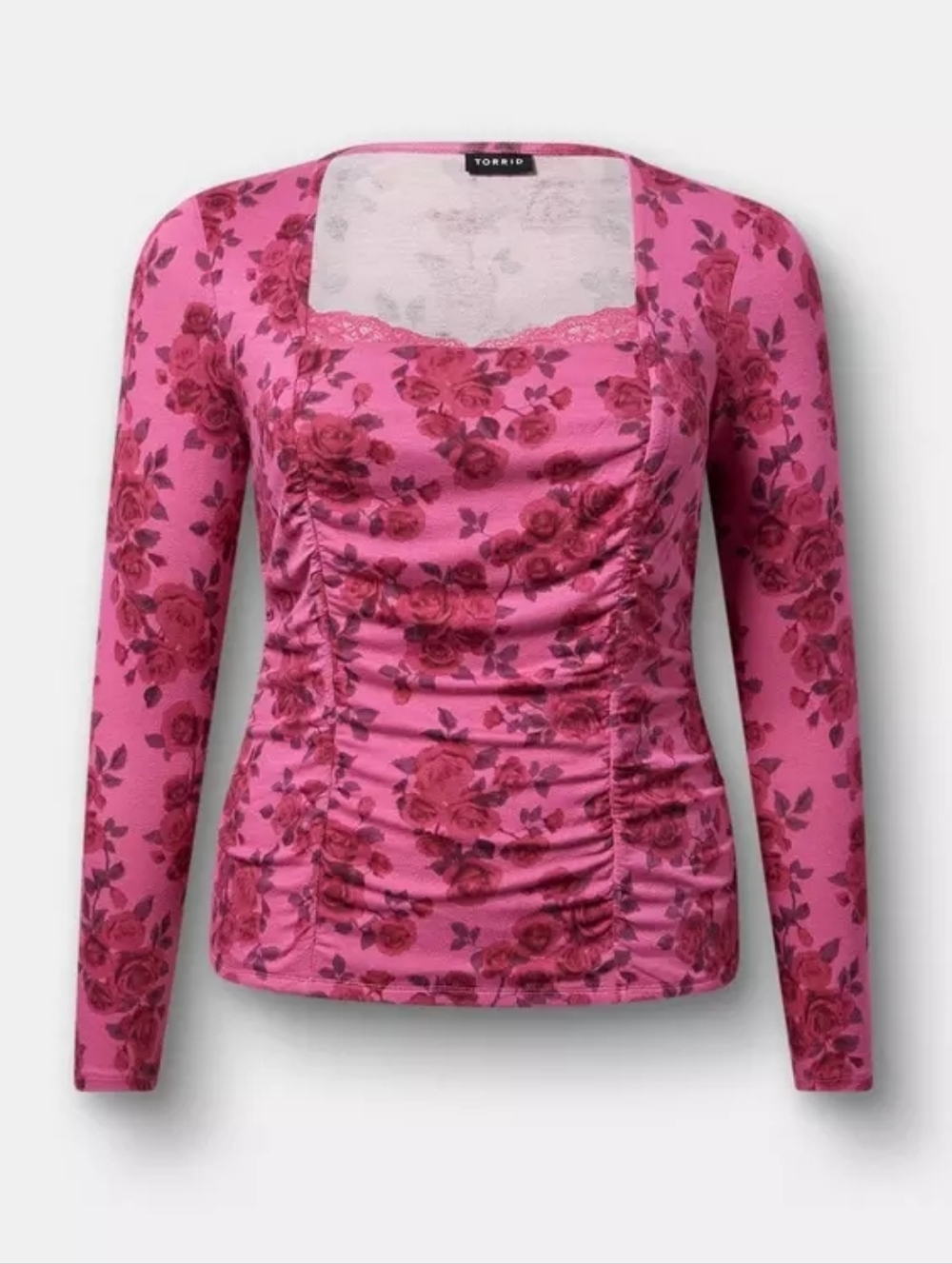 Slinky Shirred Lace Neck Top